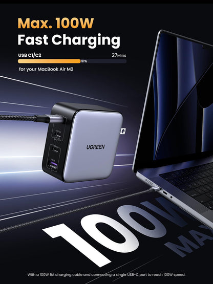 100W Gan Usb C Charger, 4-Port Compact Foldable Fast Laptop Charger Power Adapte