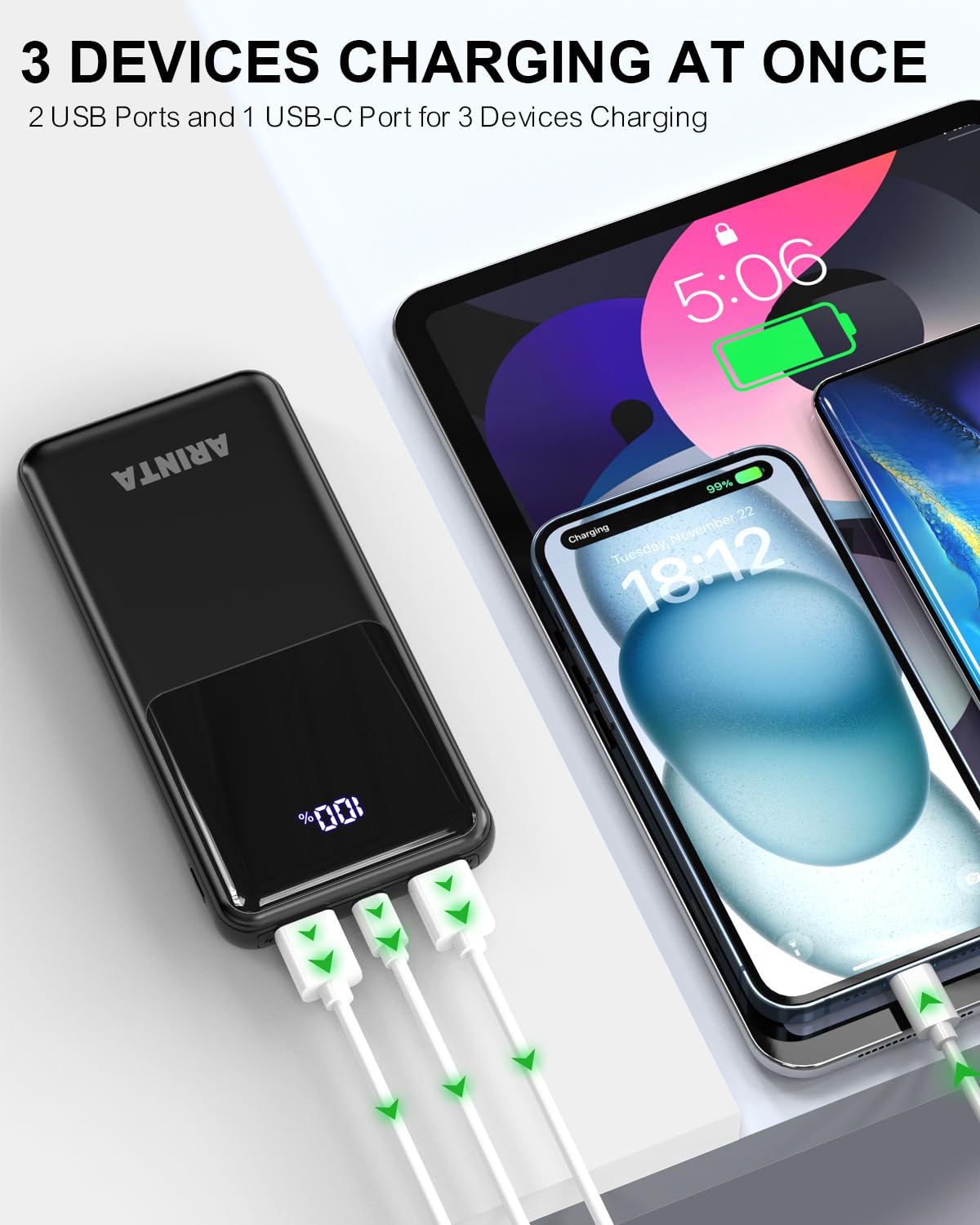 Bank Portable Charger 10000Mah Pd 22.5W Battery Pack, Led Display & Usb-C In/Out