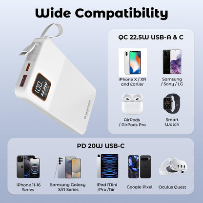 Power Bank 10000mAh 22.5W Super Fast Charging - Portable Powerbank with Built-In USB-C Cable