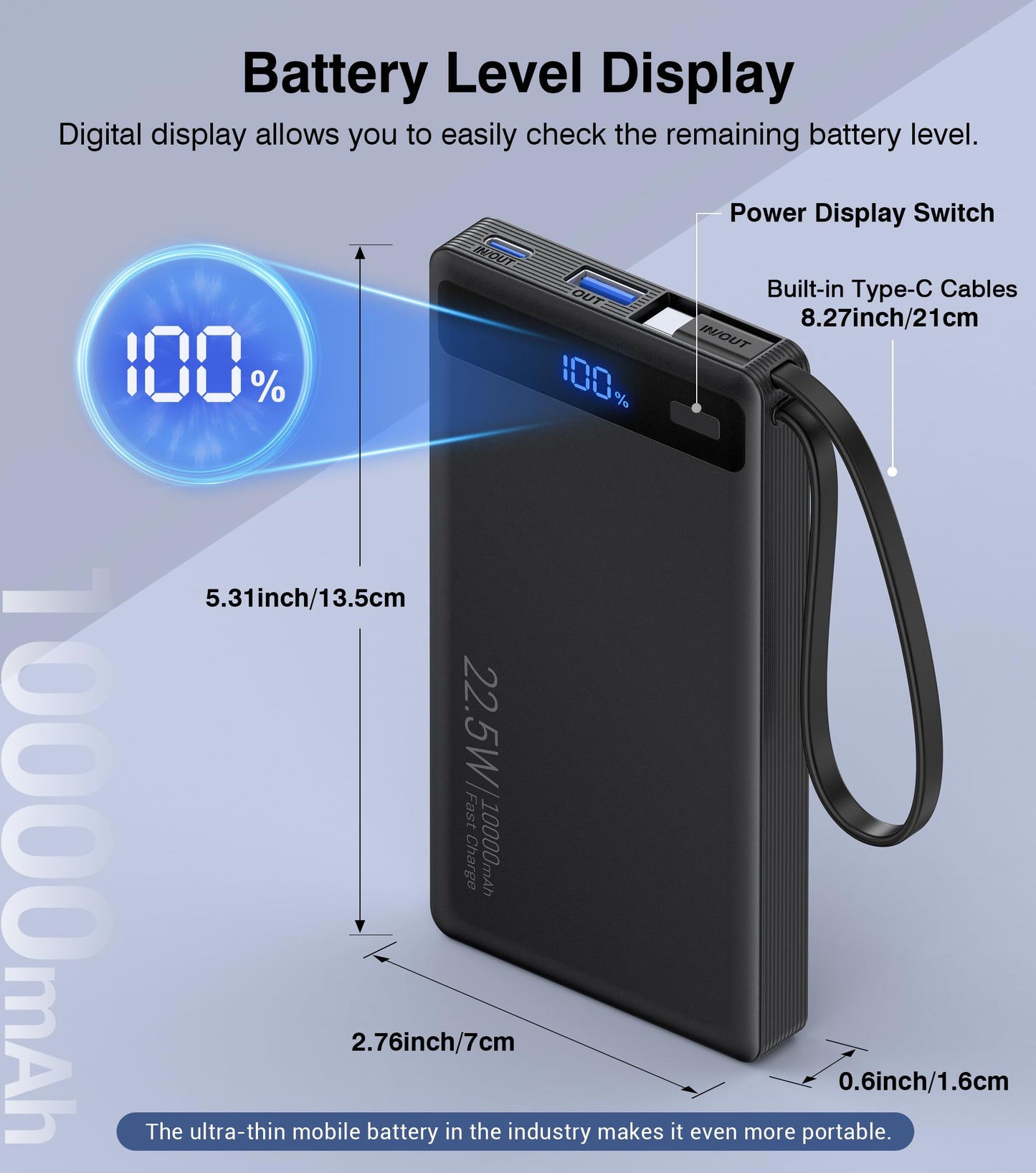 Slim Power Bank with Built-In Cables - 22.5W PD Fast Charger 10000mAh for iPhone and Samsung