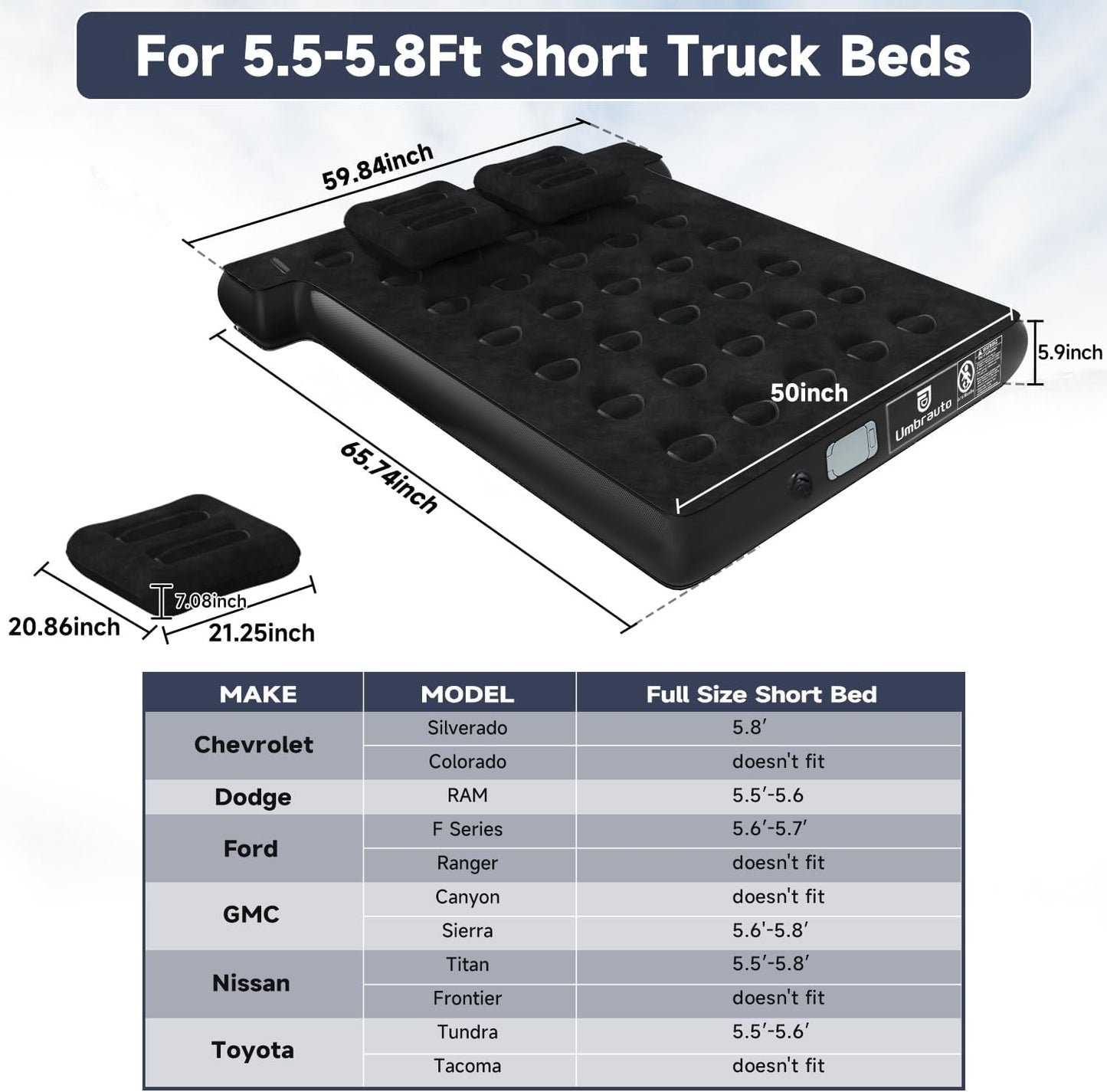Matelas pneumatique pour plateau de camion Umbrauto en forme de T, gonflable, pour camionnette courte de 5,5 à 5,8 pieds, pour le camping