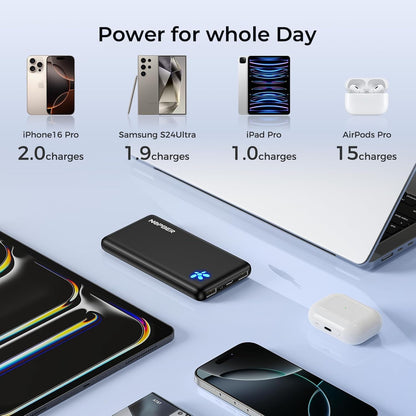 10000mAh Ultra Slim Power Bank - Lightweight Pocket-Sized 15W Portable Charger