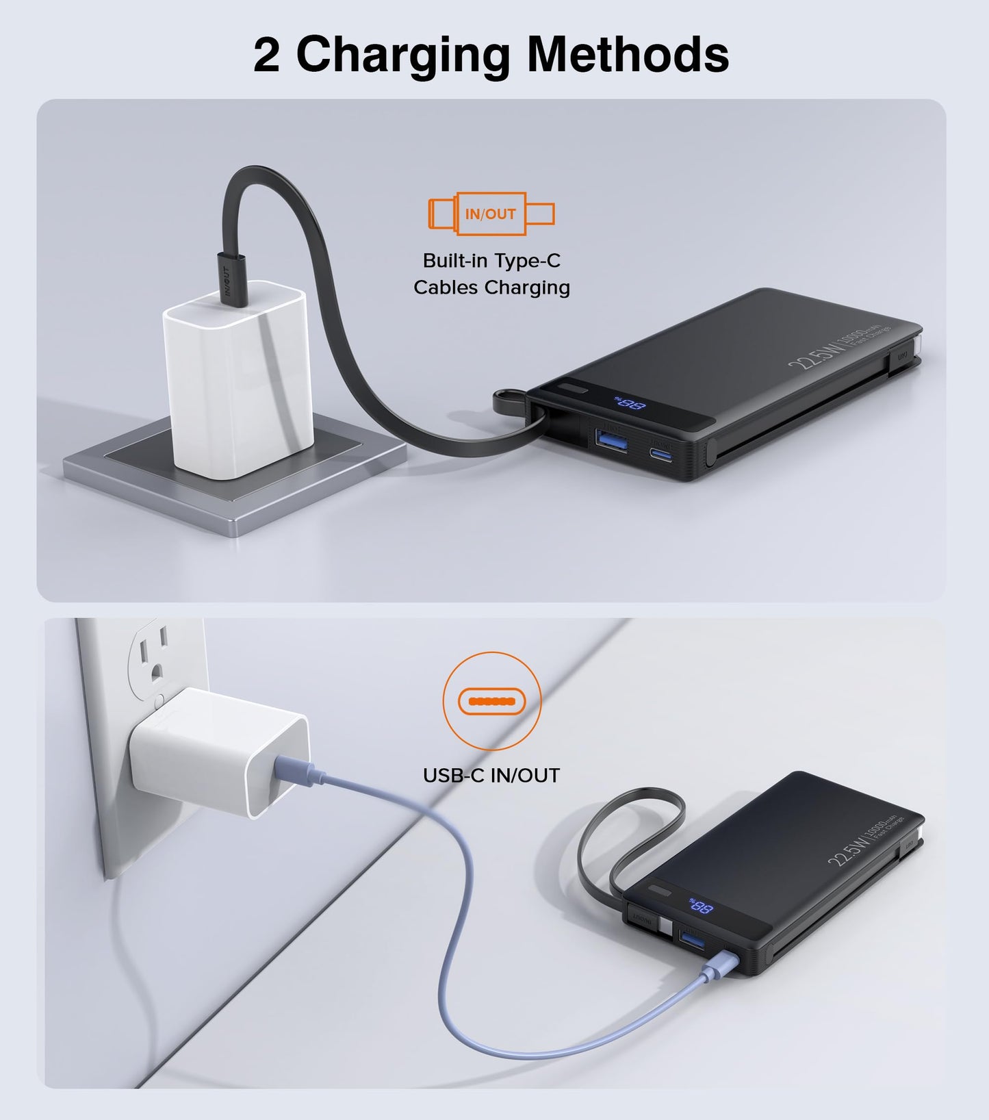 Slim Power Bank with Built-In Cables - 22.5W PD Fast Charger 10000mAh for iPhone and Samsung