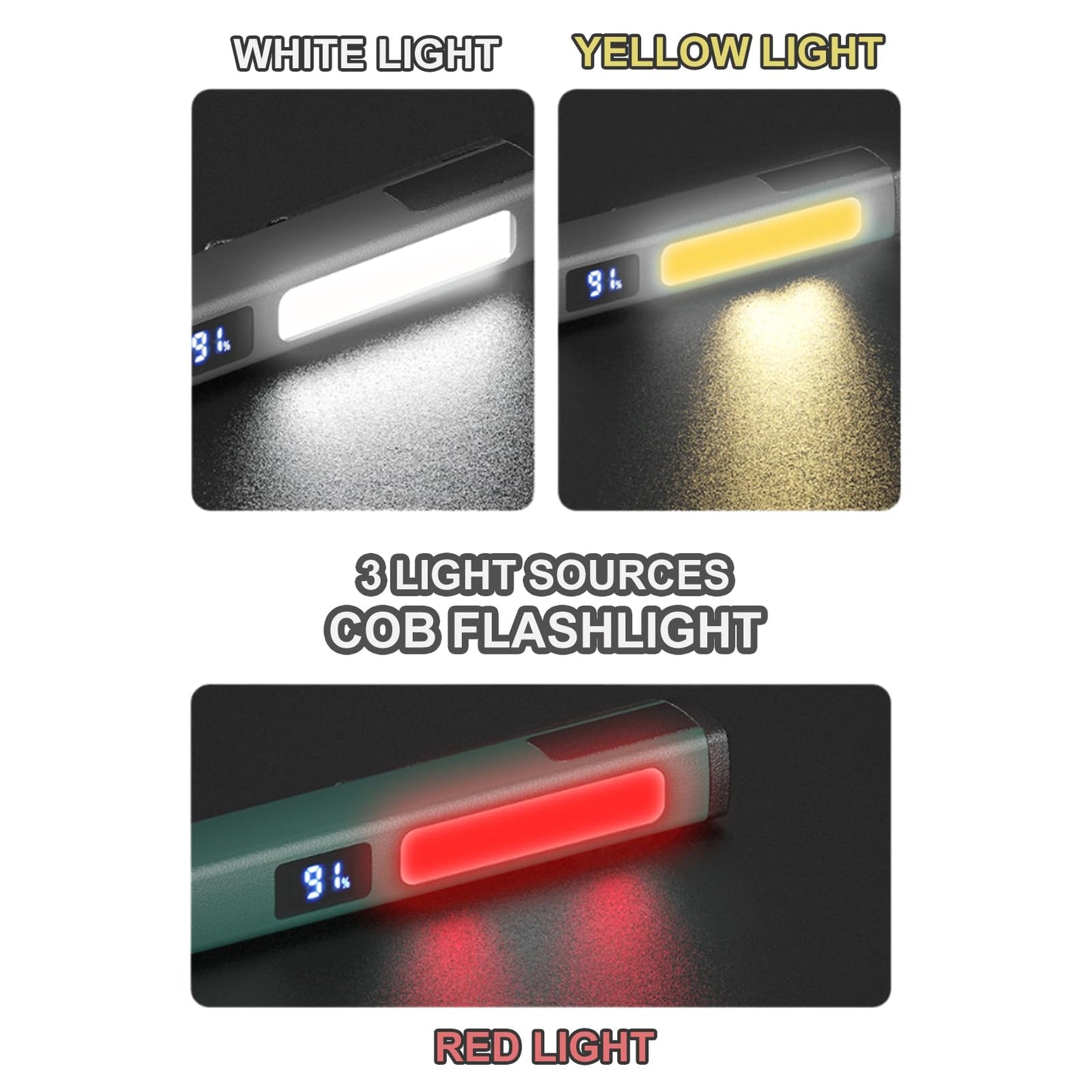 Pen Flashlight with COB Work Light — 6 Modes, LCD Display, USB-C Charge, Pocket