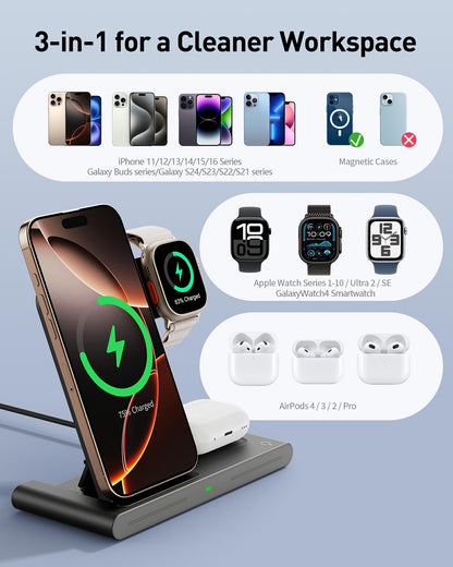 Portable 3-in-1 Wireless Fast Charger - Travel Charging Station for Apple and Android