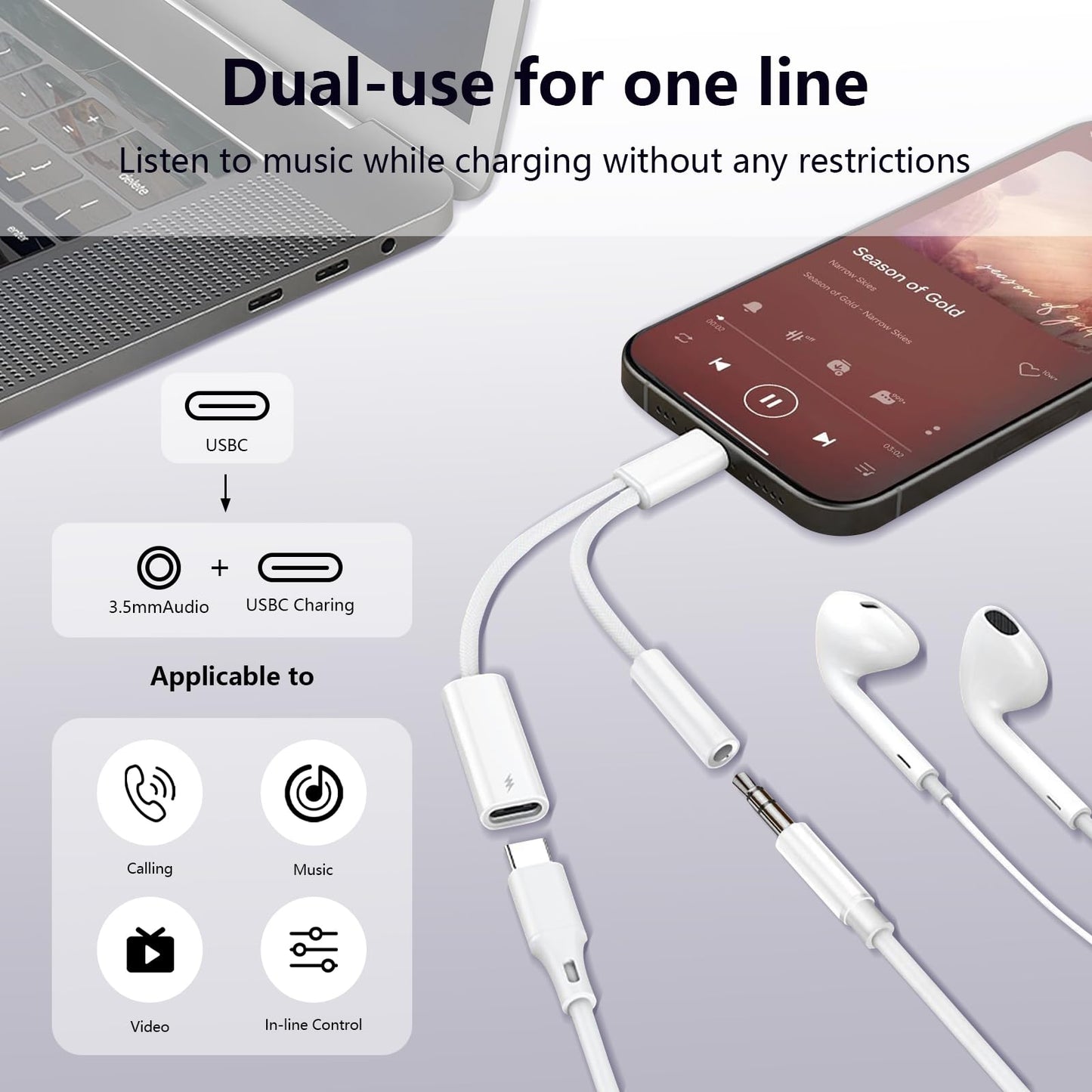 To 3.5Mm Headphone And Charger Adapter, 2-In-1 Usb Type C To Aux Jack Dongle Cab