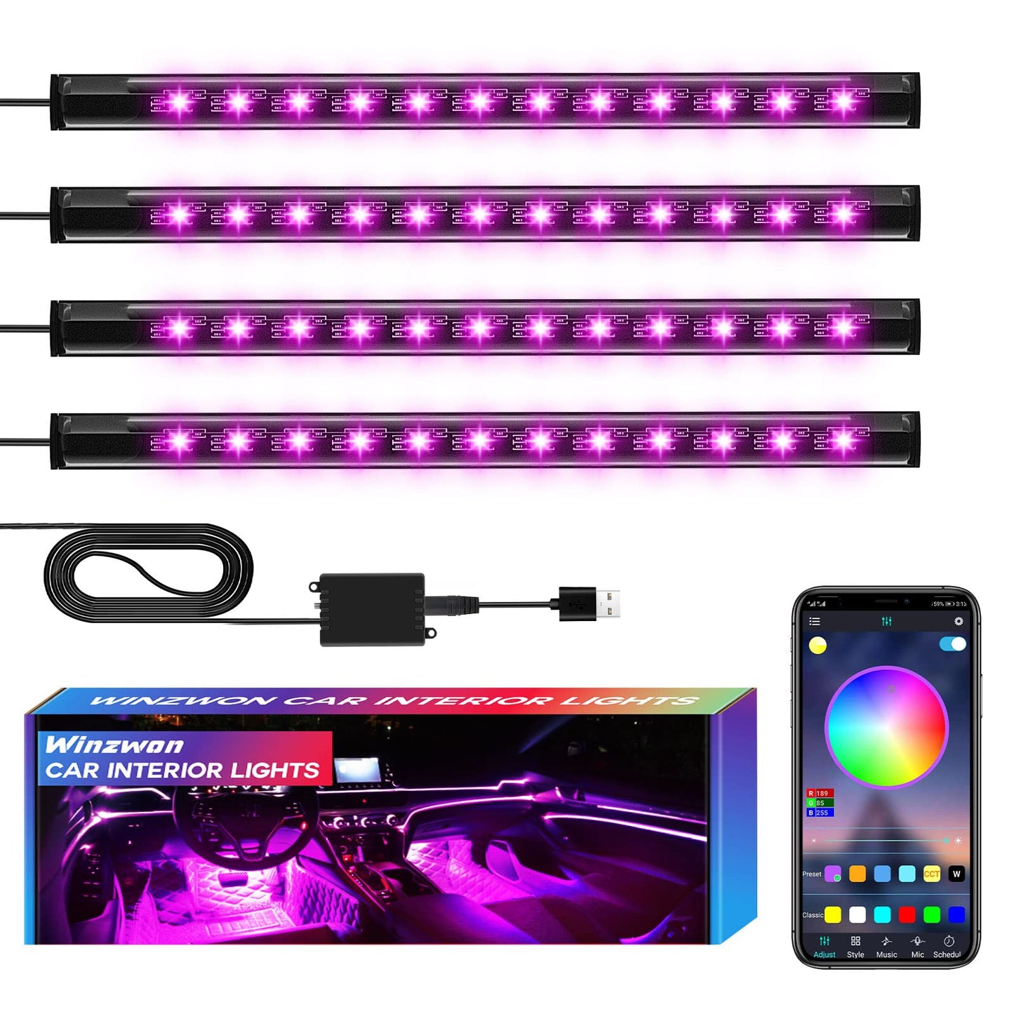 Interior LED Lights — Music Sync App Control Color Changing USB Strip Lights for