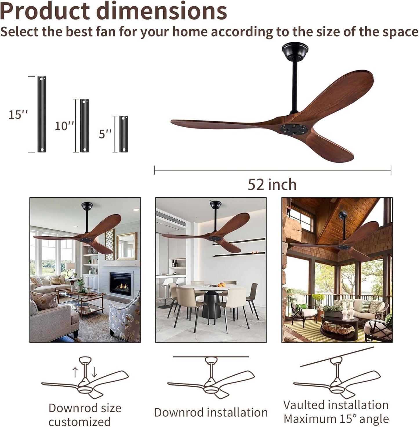 52 Inch Solid Wood Ceiling Fan 3-Blade DC Motor Remote