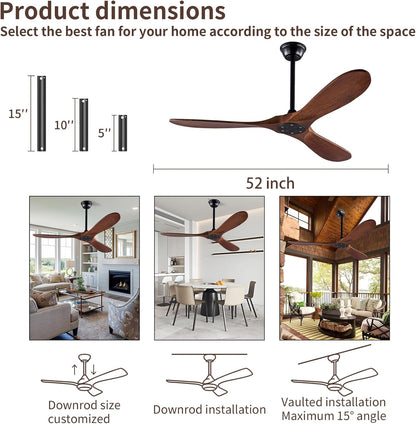 52 Inch Solid Wood Ceiling Fan 3-Blade DC Motor Remote