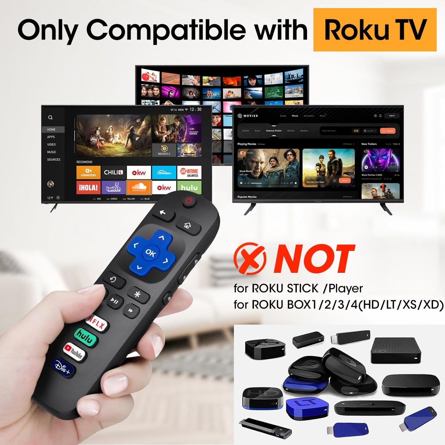 Replacement Remote Control Only For Roku Tv, Compatible For Tcl Roku/Hisense Rok