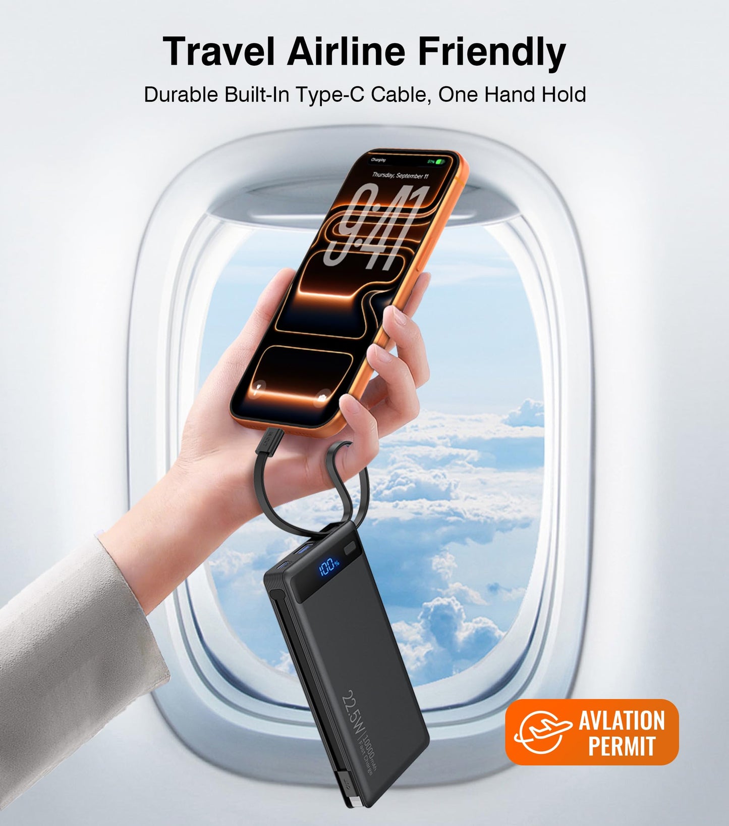 Slim Power Bank with Built-In Cables - 22.5W PD Fast Charger 10000mAh for iPhone and Samsung