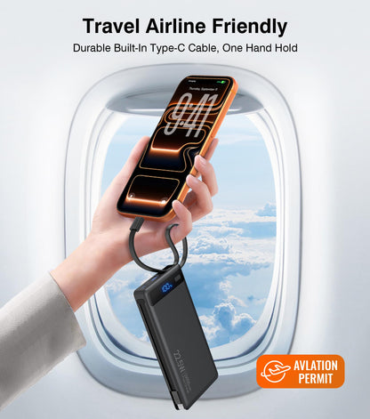 Slim Power Bank with Built-In Cables - 22.5W PD Fast Charger 10000mAh for iPhone and Samsung