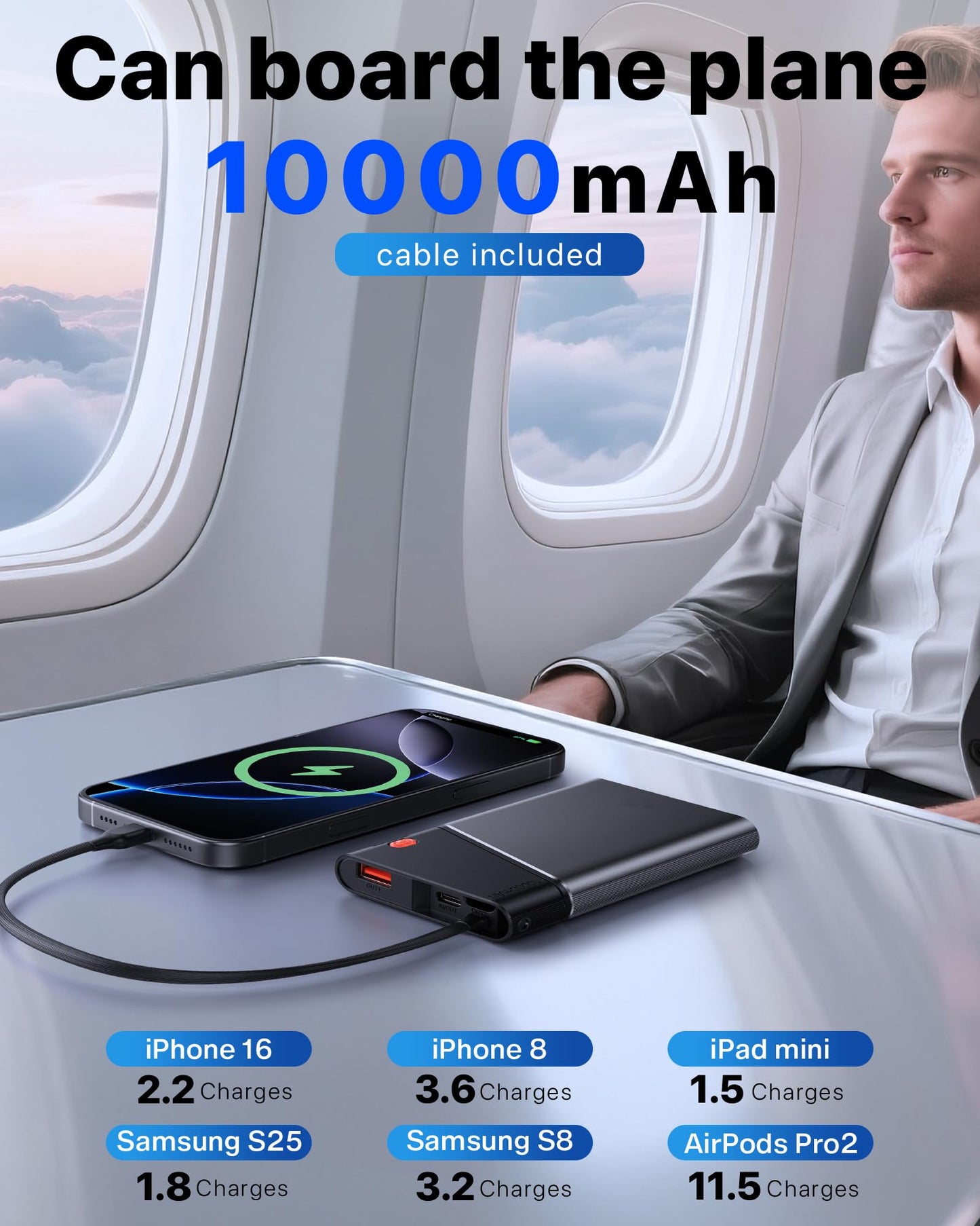 Power Bank 10000mAh 22.5W PD Fast Charging - Portable Powerbank with Built-In USB Cable