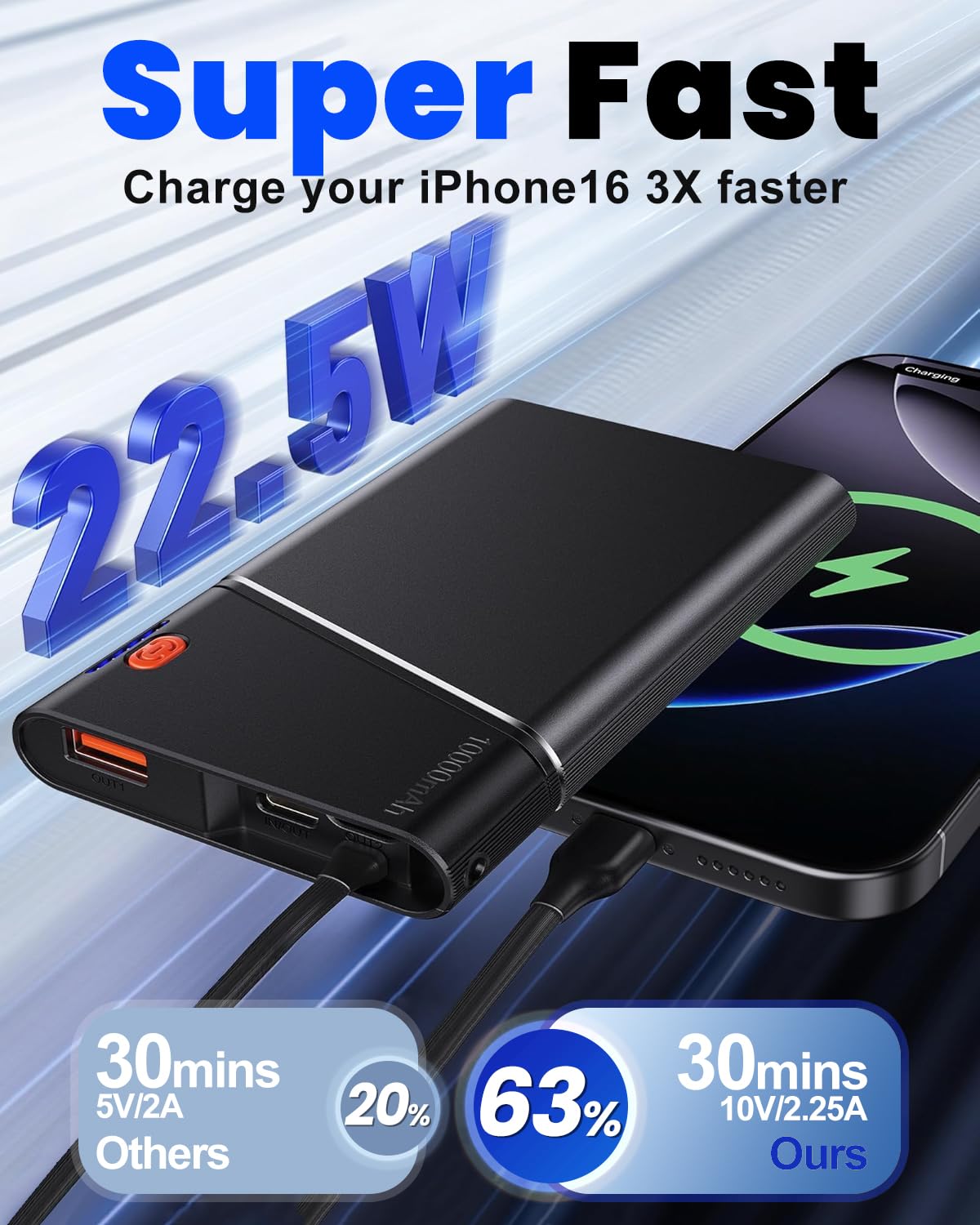 Power Bank 10000mAh 22.5W PD Fast Charging - Portable Powerbank with Built-In USB Cable