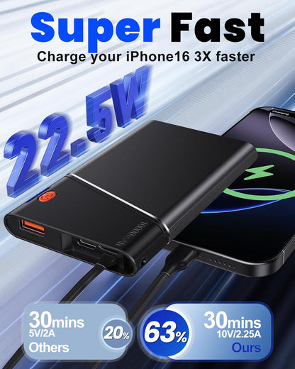 Power Bank 10000mAh 22.5W PD Fast Charging - Portable Powerbank with Built-In USB Cable
