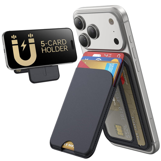 Étui portefeuille 5 cartes et support réglable – Cuir vegan anti-RFID pour iPhone