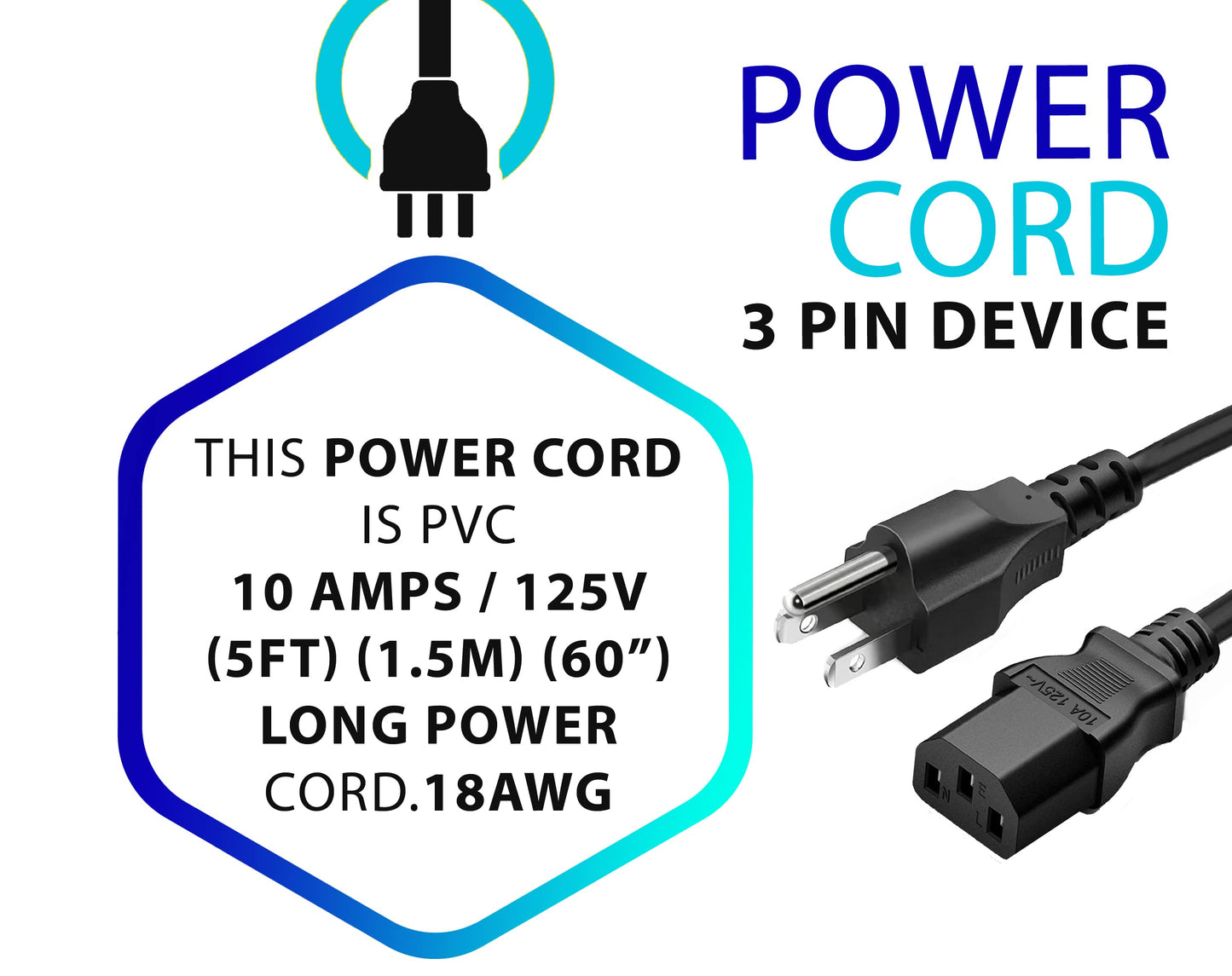 Cordon d'alimentation CA à 3 broches de 1,5 m - Câble d'alimentation universel pour téléviseur, moniteur, ordinateur et imprimante
