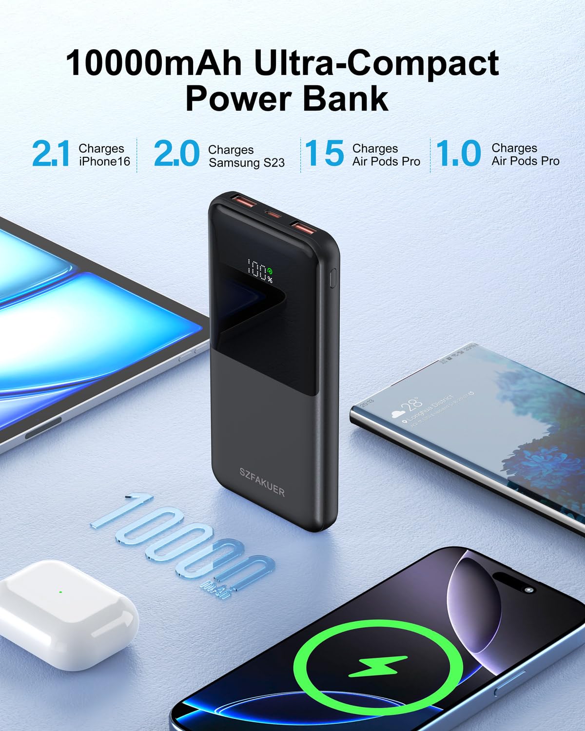 Slim 10000mAh Power Bank - 22.5W USB-C Fast Charging Battery Pack for iPhone and Samsung
