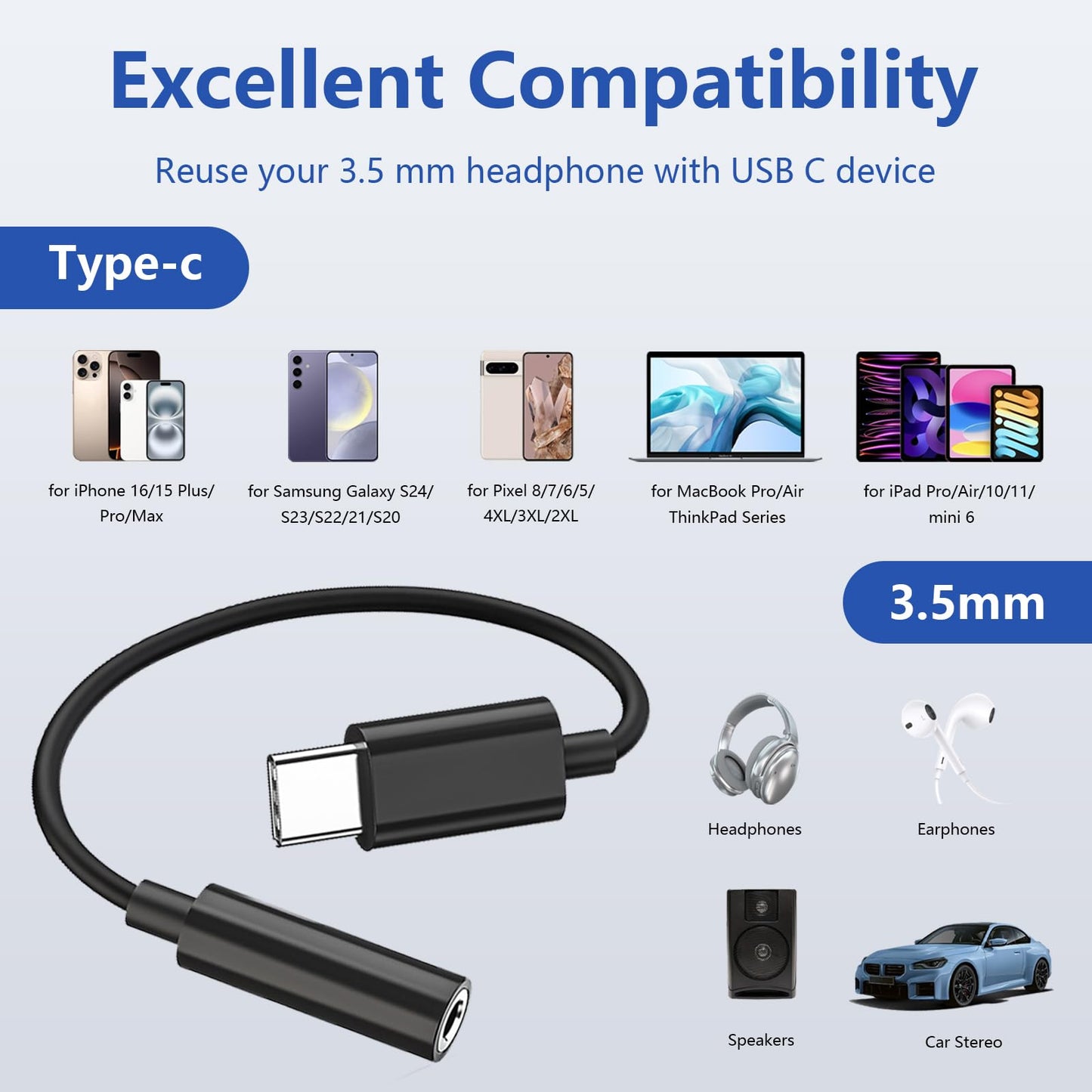Adaptateur USB-C vers prise casque 3,5 mm (pack de 3) - Dongle audio DAC pour iPhone 16 15 et Samsung Galaxy