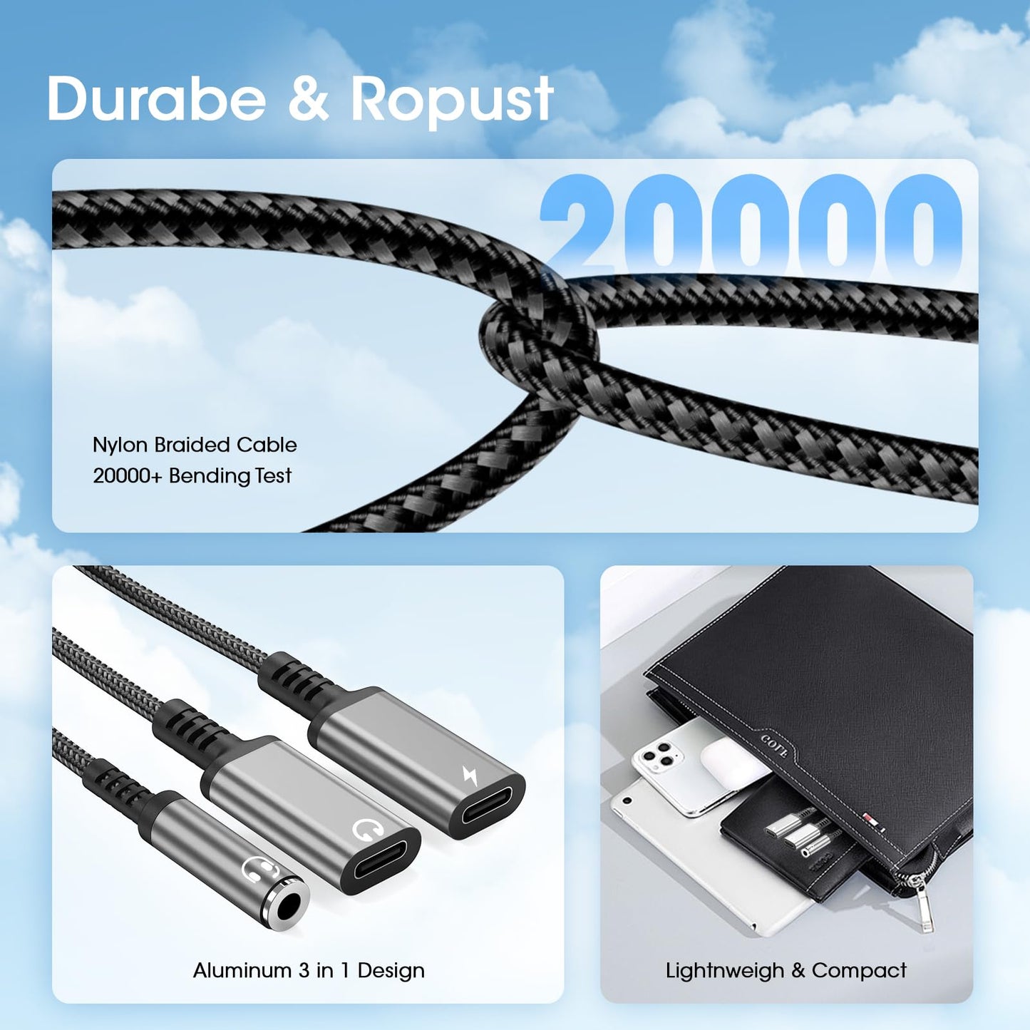 USB-C to 3.5mm Headphone and Charger Adapter - 3-in-1 Dual Type-C Aux Splitter