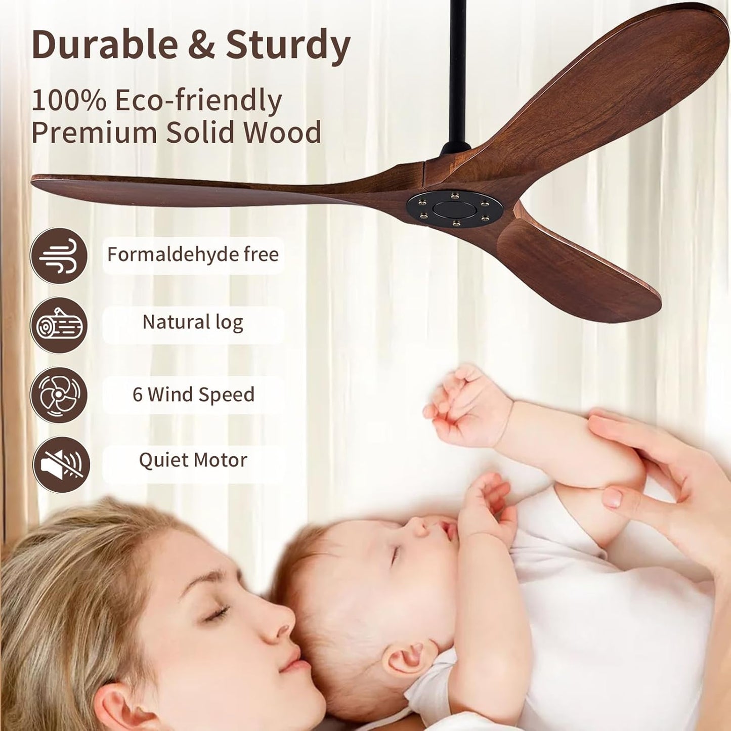 52 Inch Solid Wood Ceiling Fan 3-Blade DC Motor Remote
