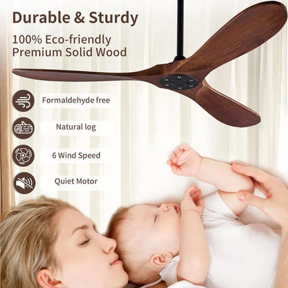 52 Inch Solid Wood Ceiling Fan 3-Blade DC Motor Remote