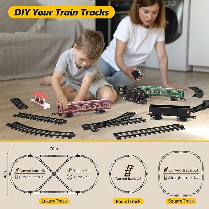 Kids Electric Train Set with Steam Smoke Lights Sounds Battery Powered