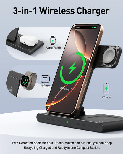 Portable 3-in-1 Wireless Fast Charger - Travel Charging Station for Apple and Android