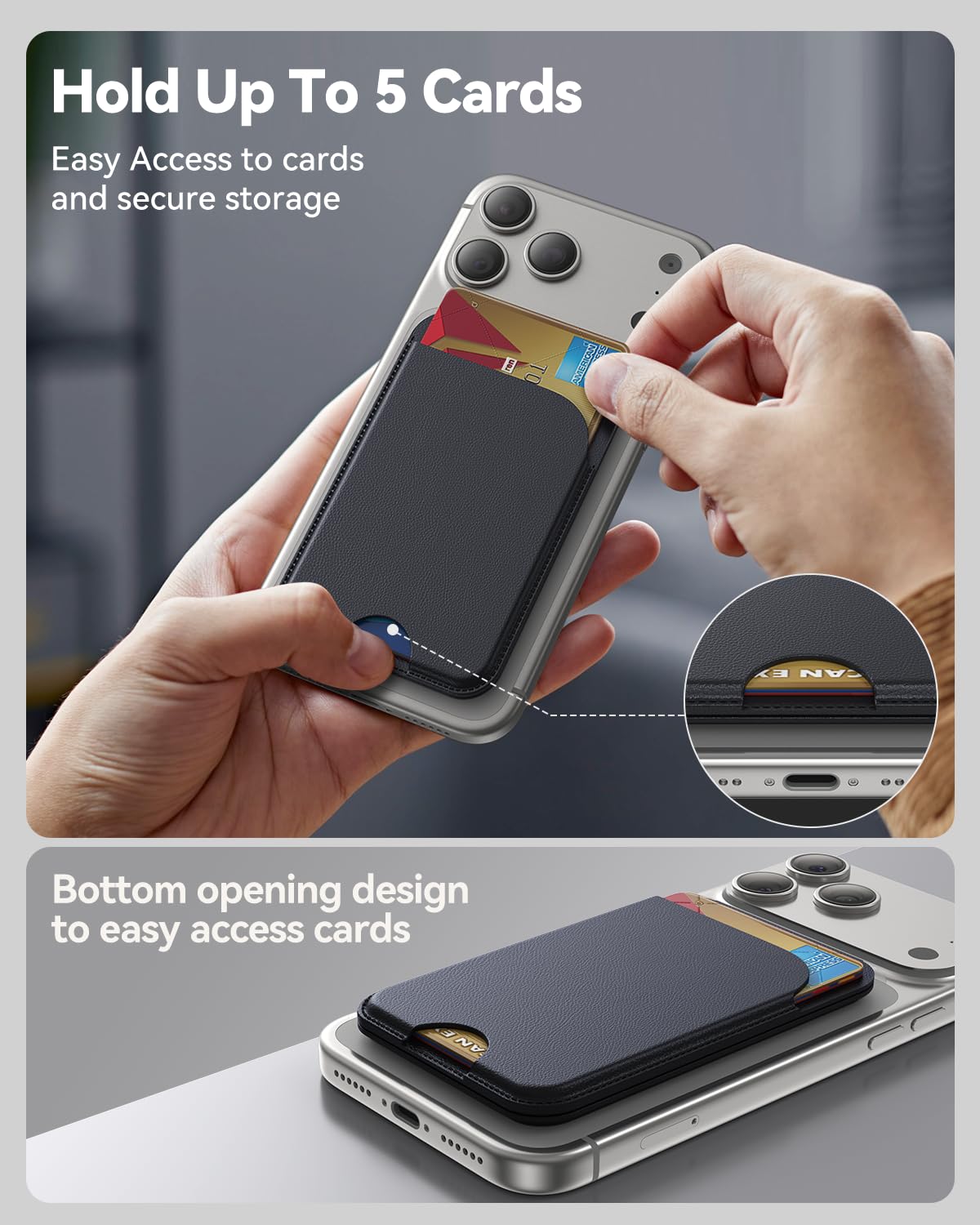 Wallet 5-Card Holder & Adjustable Stand — RFID Blocking Vegan Leather for iPhone