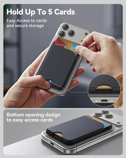 Wallet 5-Card Holder & Adjustable Stand — RFID Blocking Vegan Leather for iPhone