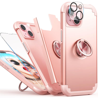 iPhone 14 Case with Screen Protector + 360°Ring Holder Stand + Camera Lens P