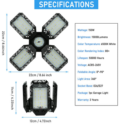 Garage Light,150W Deformable Garage Ceiling Lights,15000Lm, 4 Adjustable Panels,