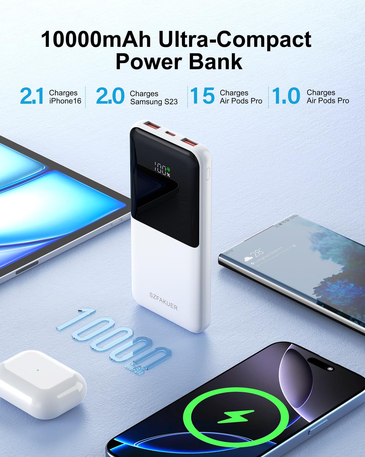 Slim 10000mAh Power Bank - 22.5W USB-C Fast Charging Battery Pack for iPhone and Samsung