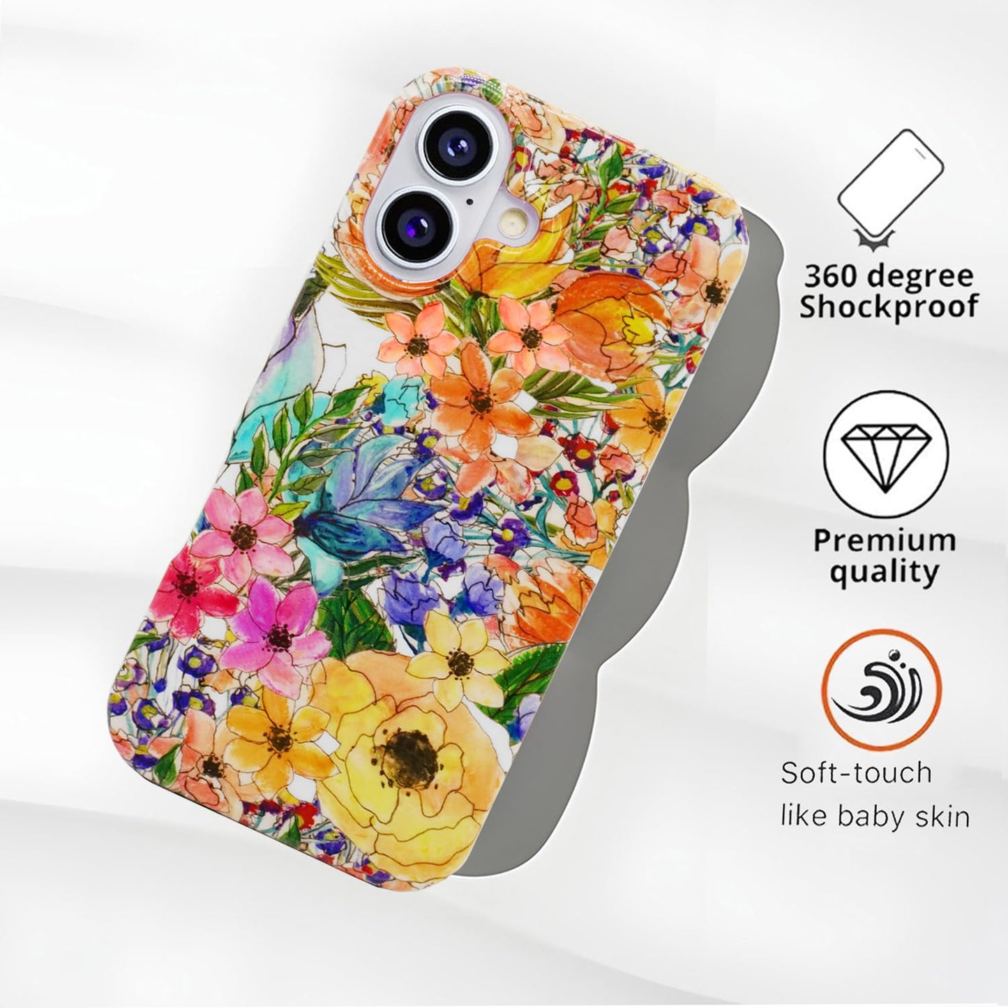 for iPhone 16 Case for Women, Cute Floral Print Girly Design Kawaii C