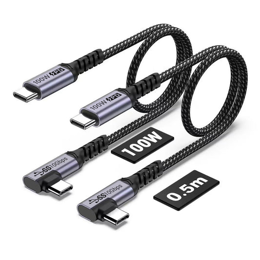 Cable USB C corto 3.1 en ángulo recto [2 unidades de 0.45 m], carga rápida de 5 A, 10 Gbps alta ve