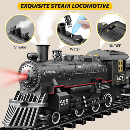Kids Electric Train Set with Steam Smoke Lights Sounds Battery Powered