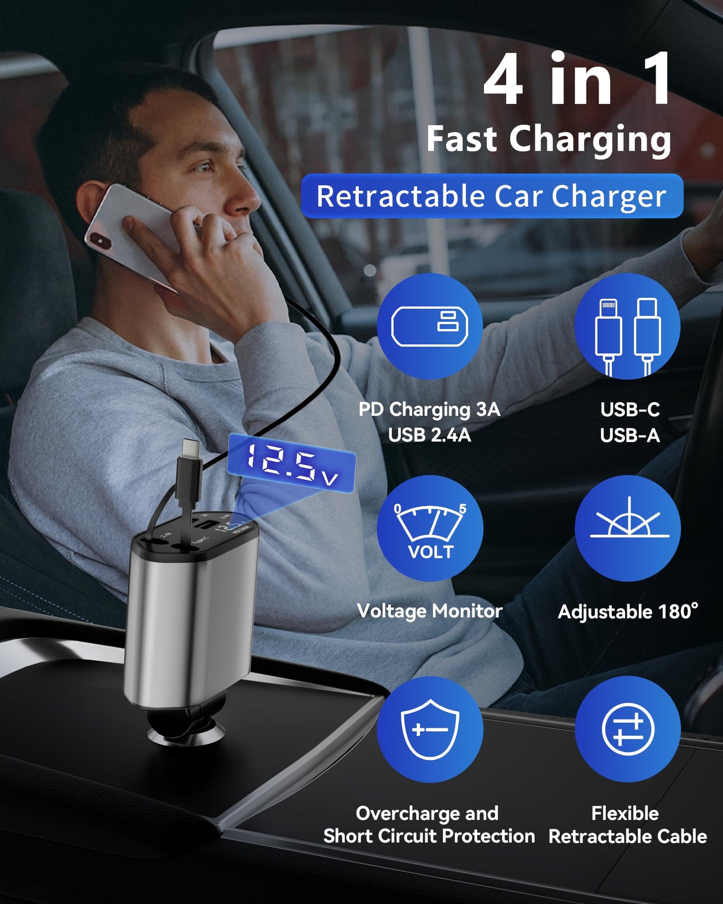 Retractable Car Charger with USB-C and USB-A - Fast Charging for iPhone 16 15 14 and Samsung