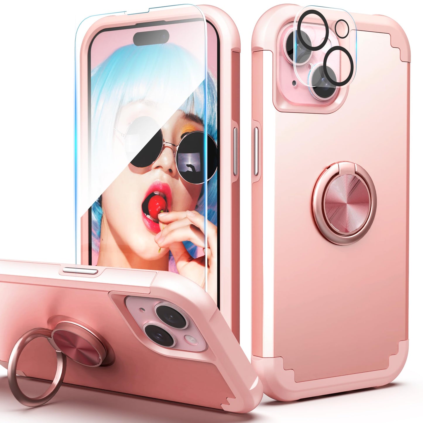 iPhone 14 Case with Screen Protector + 360°Ring Holder Stand + Camera Lens P