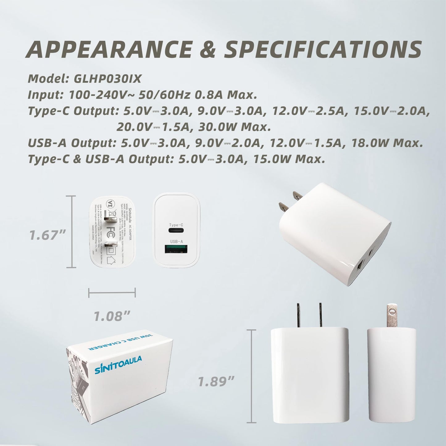 Usb-C Charger Block With Extra Usb-A Port (White, 1Pcs), Type C Power Adapter Fo