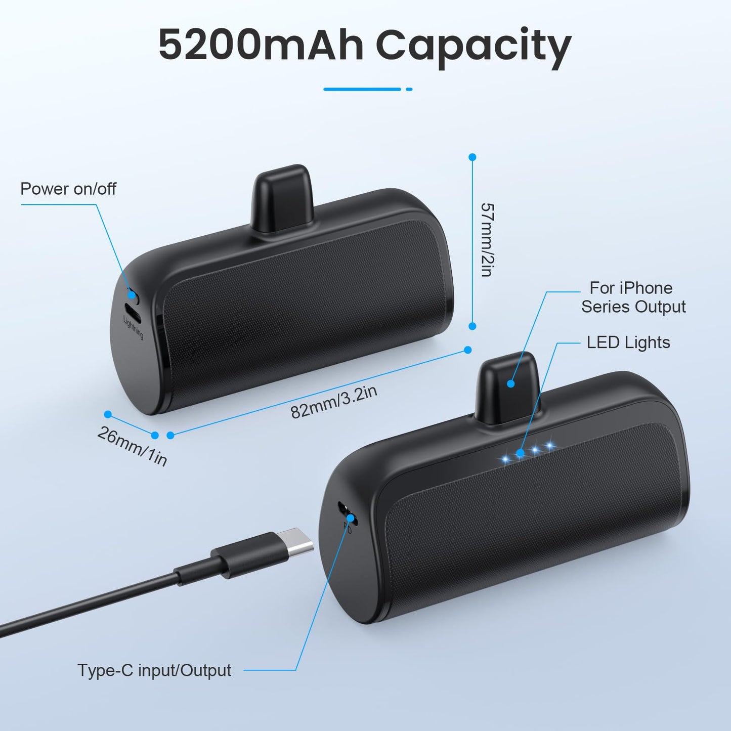 Chargeur Power Bank pour iPhone, Chargeur de Téléphone Portable 5200mAh Ultra-Compact PD F