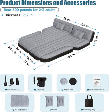 DikaSun 63in Extended SUV Mattress — Quick Inflate, Includes Pump & 2 Pillows,Grey