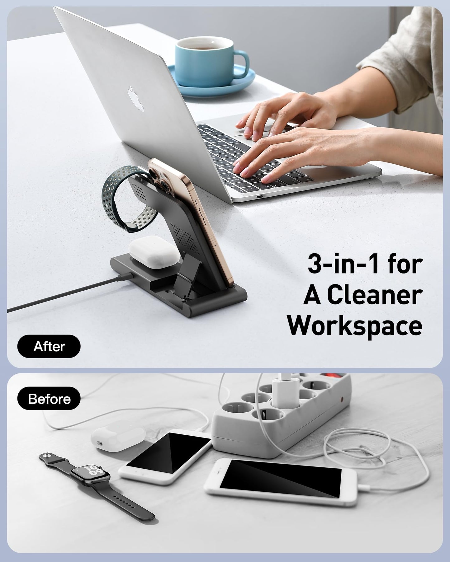 Portable 3-in-1 Wireless Fast Charger - Travel Charging Station for Apple and Android