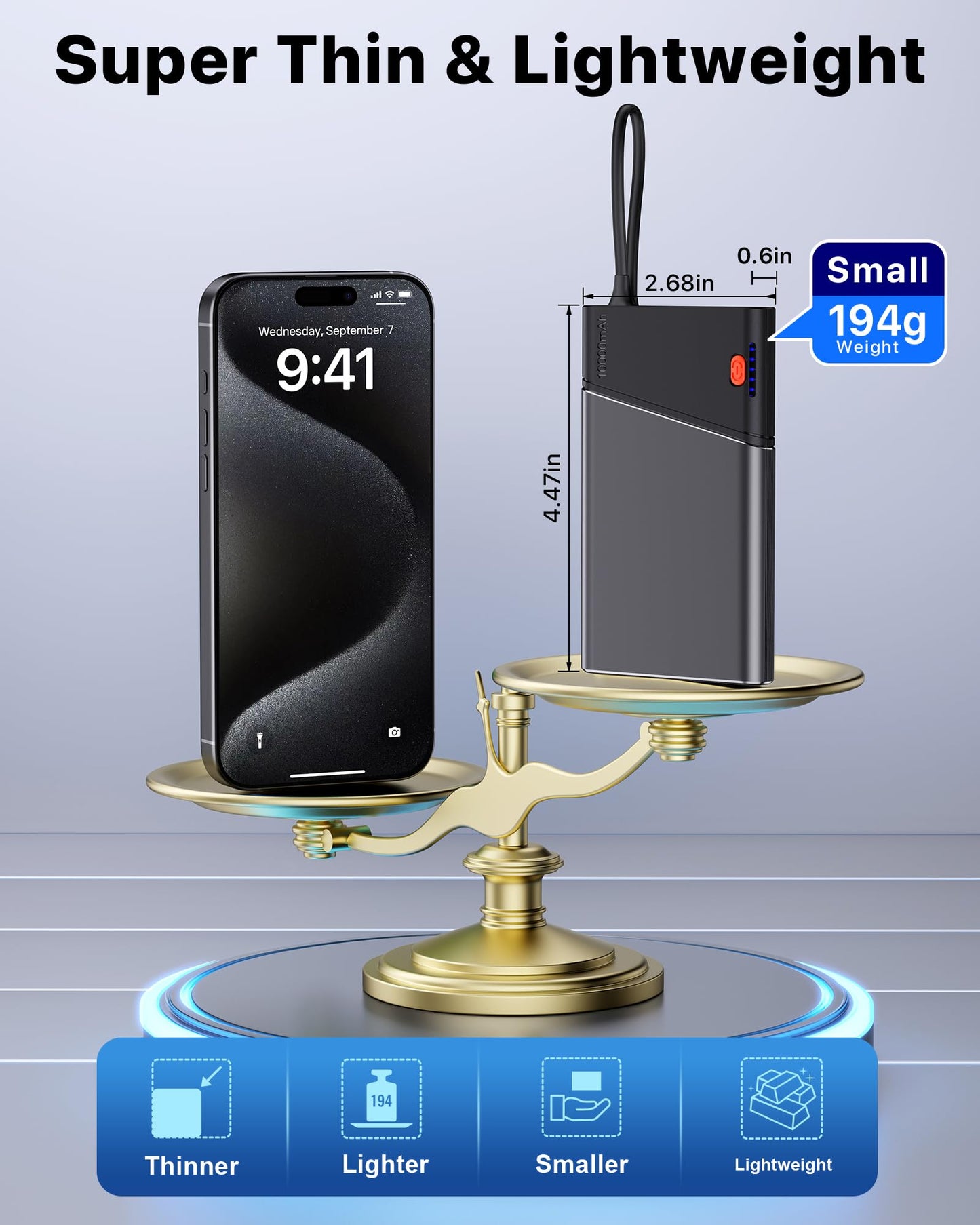 Power Bank 10000mAh 22.5W PD Fast Charging - Portable Powerbank with Built-In USB Cable