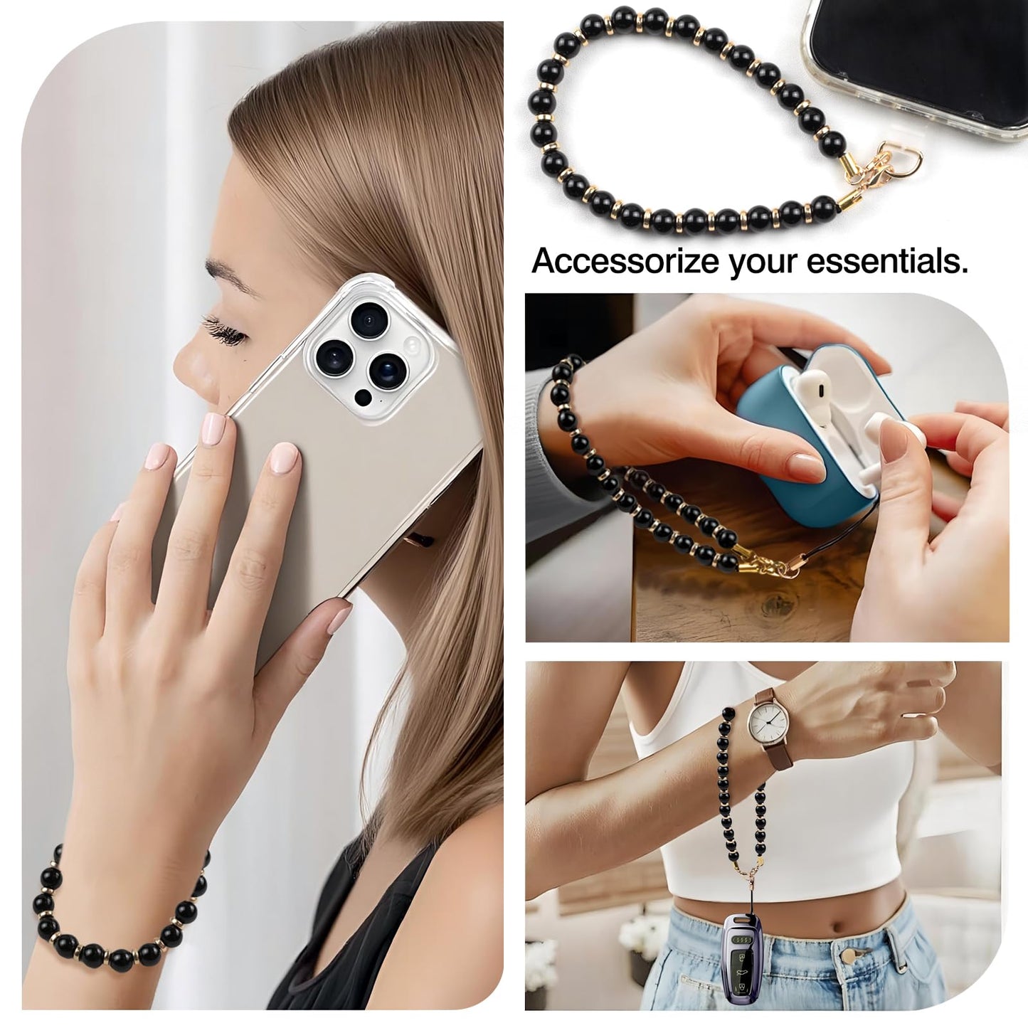 Dragonne de téléphone perlée en marbre avec attache – Cordon bracelet mains libres
