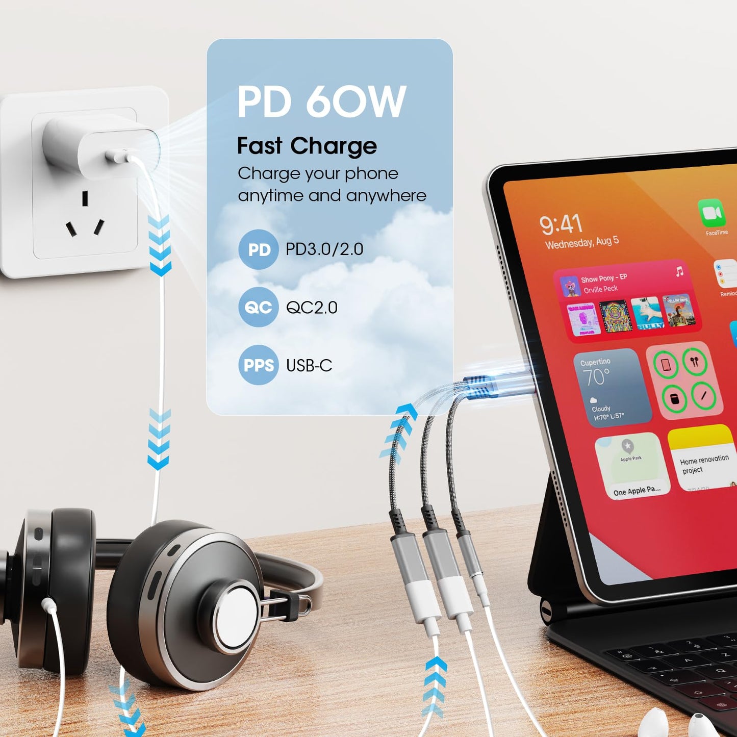 USB-C to 3.5mm Headphone and Charger Adapter - 3-in-1 Dual Type-C Aux Splitter