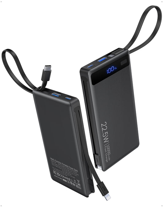 Slim Power Bank with Built-In Cables - 22.5W PD Fast Charger 10000mAh for iPhone and Samsung
