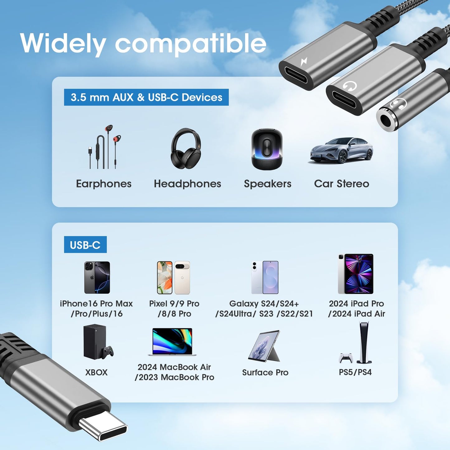 USB-C to 3.5mm Headphone and Charger Adapter - 3-in-1 Dual Type-C Aux Splitter