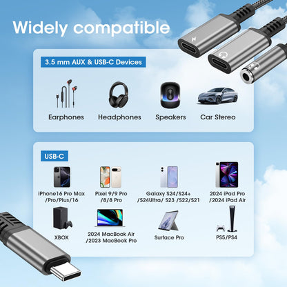 USB-C to 3.5mm Headphone and Charger Adapter - 3-in-1 Dual Type-C Aux Splitter