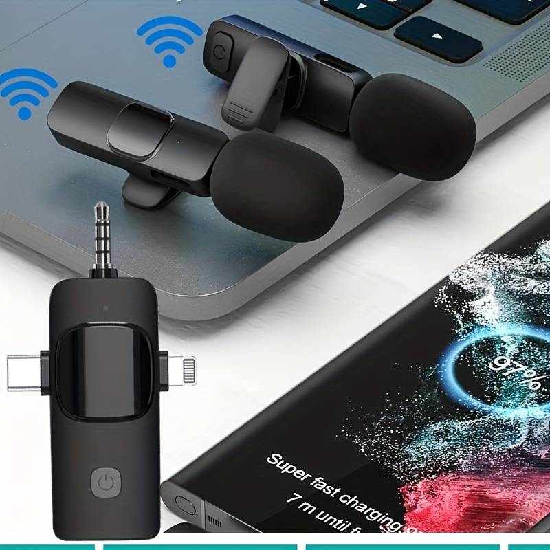 Microphone-cravate sans fil pour iPhone - Téléphone Android Appareil photo Ordinateur portable Double microphone-cravate sans fil - Latence ultra-faible 2,4 G, filaire, Plug & Play, réduction du bruit