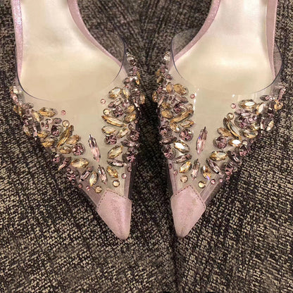 Transparent Rhinestone Pointed Toe Buckle Back Strap Sandals